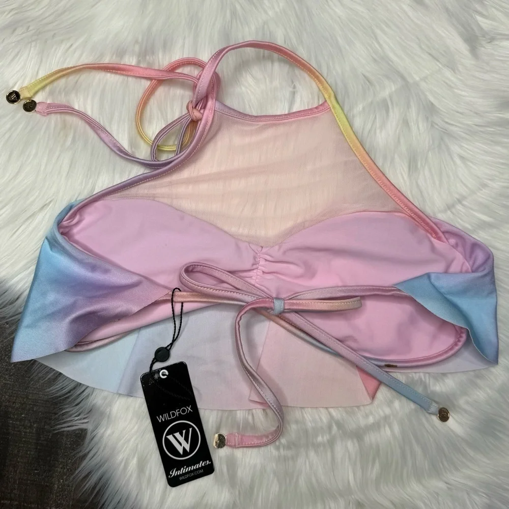 NWT Wildfox Pastel Rainbow Halter Bikini Top size Large